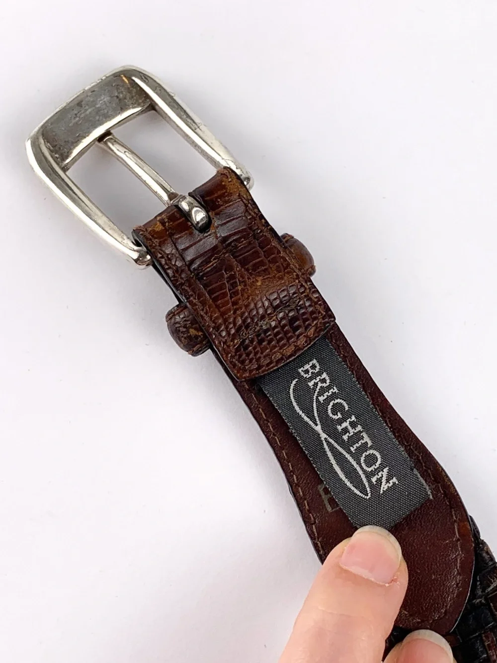 Vintage Brighton woven leather belt brown & black with reptile embossing size 36